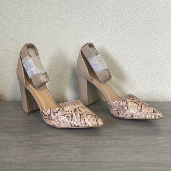 Shoes - **NWOT** Tan and Snake Skin Heels